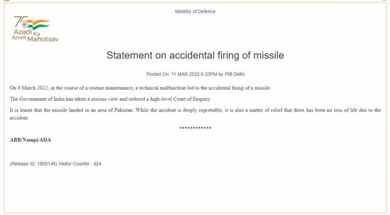 India Admits Its Accident in Missile Fiasco